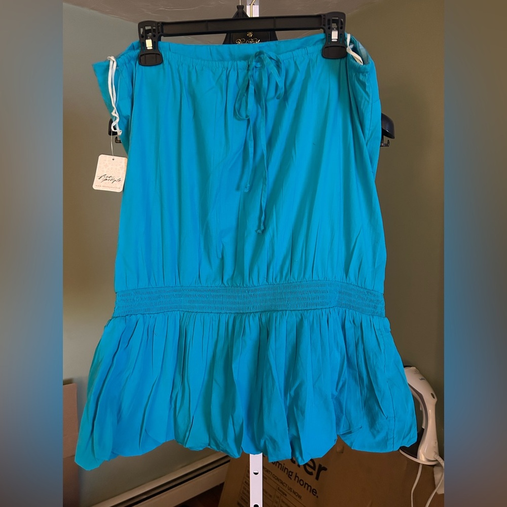 Free People  Turquoise Drawstring top Ruffle Hem Women's strapless shirt